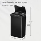 EKO Mirage-T 50 Liter / 13.2 Gallon Touchless Rectangular Motion Sensor Trash Can, Brushed Stainless Steel Finish (Matte Black)