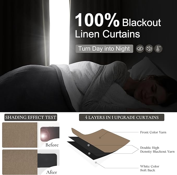 RustBrown Black Out 92 Inch Long Boho Curtains 2 Panel Set, Farmhouse Curtains for Living Room Darkening/Thermal/Noise Reduction Textured Flax Linen Drape Hook&Ring Included Chocolate 50"x92"