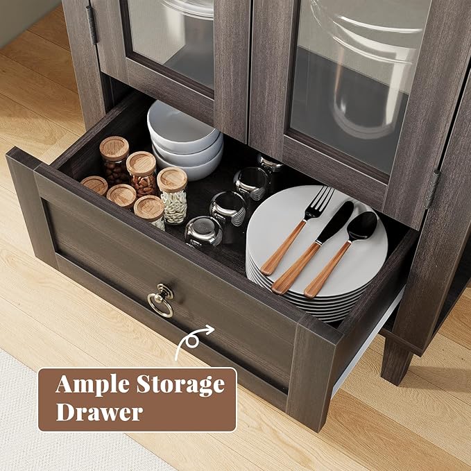 71” Tall Arched Pantry Cabinet with Glass Door, Display Cabinet Organizer with Drawer, Versatile Pantry with Top-Opening Storage Container for Living, Kitchen Dining Room