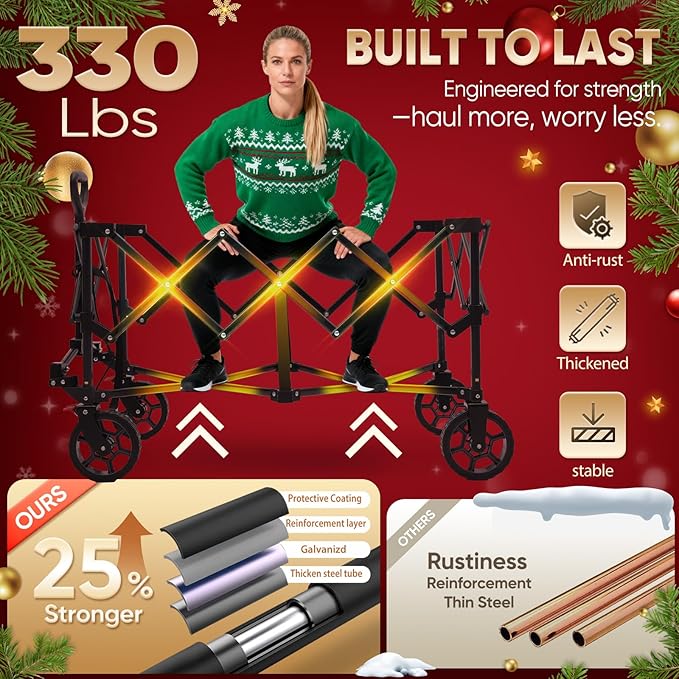 Sekey Collapsible Foldable Wagon with 330lbs Weight Capacity, Heavy Duty Folding Wagon Cart with Big All-Terrain Wheels & Drink Holders. Black