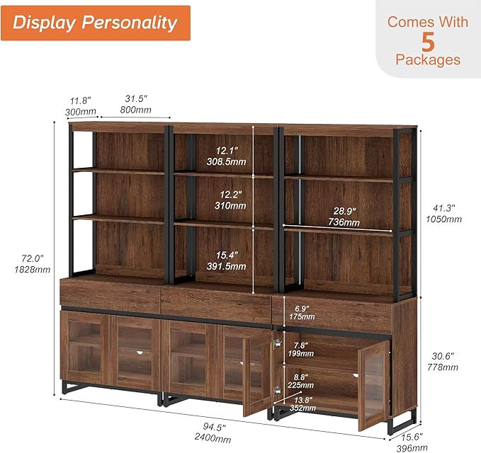 WAMPAT 3 PCS Modern 72" Tall Bookcase with 3 Drawers and Open Book Shelf, Library Book Shelf with Storage Cabinet and Glass Doors, Wood Freestanding Bookshelves for Home Office, Living Room, Brown