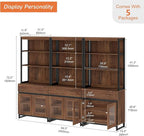 WAMPAT 3 PCS Modern 72" Tall Bookcase with 3 Drawers and Open Book Shelf, Library Book Shelf with Storage Cabinet and Glass Doors, Wood Freestanding Bookshelves for Home Office, Living Room, Brown
