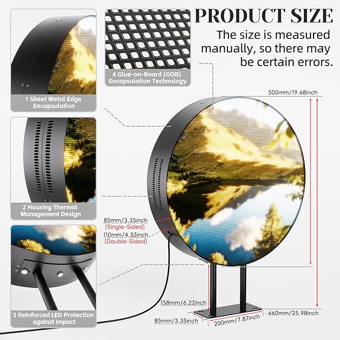 P5 Outdoor Round LED Store Sign Programmable, Wall Mount Single-Sided Full Color Custom Digital Display, Image, Video Signage Electronic Message Board for Business Salon Advertising 20"