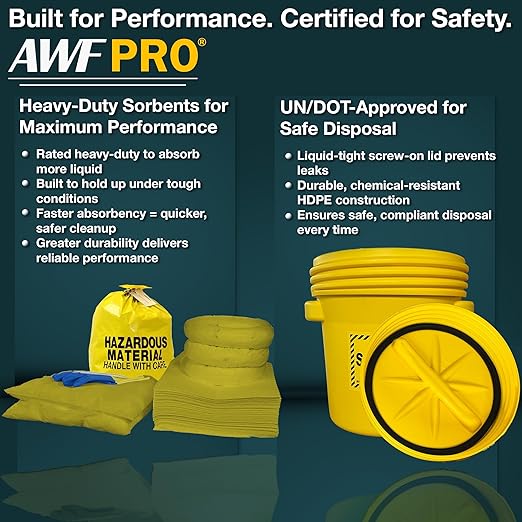 AWF PRO 20 Gallon Hazmat Spill Kit, 59 Pieces – 20 gal DOT Approved Drum, Socks, Pads & Pillows, & Accessories
