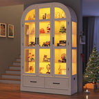 Arched Display Cabinet with 3 Glass Doors,5-Tier Curio Cabinet W/3 Color Lights for Collectibles,78'' Tall Curio Cabinet W/2 Drawers,Modern Display Case W/Human Body Sensor for Living/Game Room,Arche