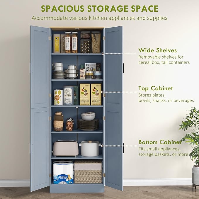 HOMCOM 67" Freestanding Kitchen Pantry, 4-Door Storage Cabinet Organizer with Adjustable Shelves, Kitchen Cabinet with Doors and Shelves, Distressed Gray