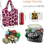 BeeGreen Leopard Print Reusable Grocery Bags 6 Pack, Heavy Duty Totes for Women, Foldable Grocery Bag Large Shopping Totes with Handles for Work, Travel, Gift, Polyester Washable Reusable Tote Bag