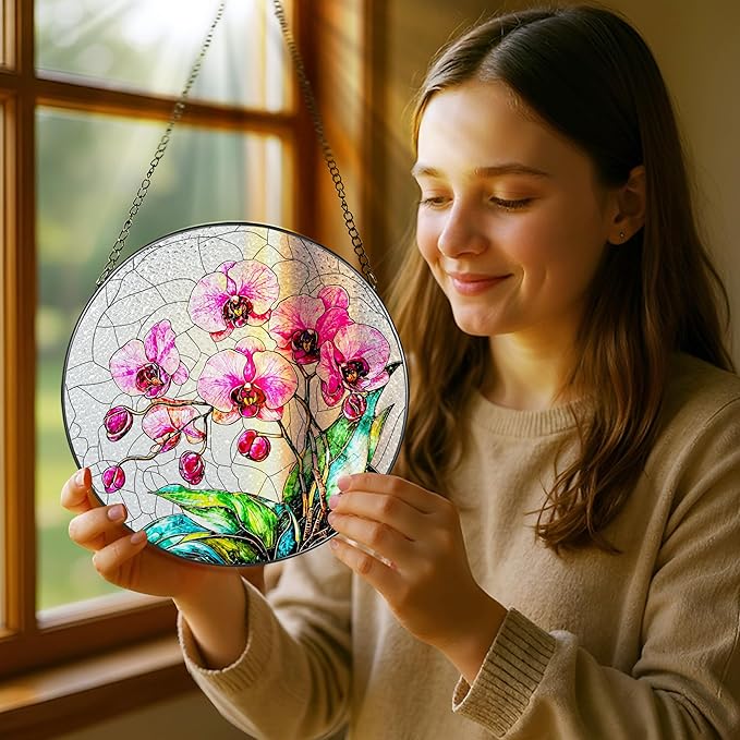 8-Inch Stained Glass Ornament, Stained Glass Window Hanging, Window Hanging Decor Suncatcher, Orchid Flower Ornament | Christmas, Mother's Day, Birthday | Gifts for Mom & Grandma, Flower Lover Gift