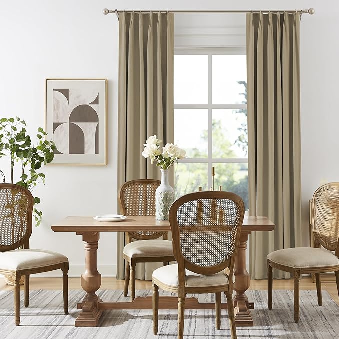 DUALIFE Taupe Blackout Pinch Pleated Curtains for Bedroom 120 Inch Length, Linen Blended Farmhouse 100% Blackout Thermal Insulated Back Tab Drapes with Hooks for Track System 2 Panels W40xL120