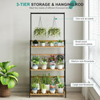 Ufine Bamboo Hanging Plant Stand 3 Tier Ladder Shelf with Hanging Rod Height Adjustable Flower Pot Display Organizer for Balcony Porch Living Room