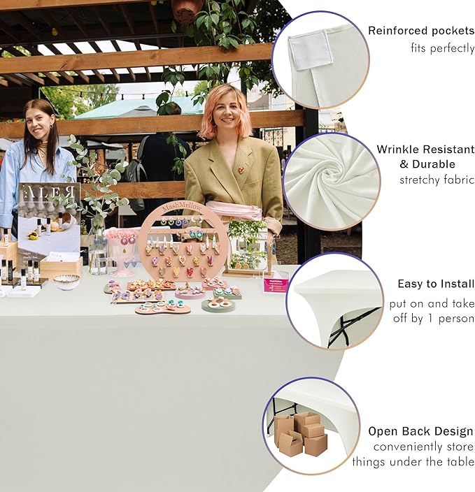 Nasitos 2 Pack Beige Table Cloth 6 Foot-Spandex Fitted Tablecloth Rectangle Tables, Open Back Stretch Folding Trade Show Table Covers Fabric Washable & Wrinkle Resistant for Parties, Wedding, Event