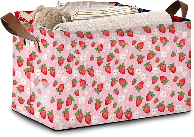 Pink Strawberry Collapsible Storage Bin - 17x11.5x10.5 Inch Foldable Organizer Basket for Nursery, Kids Room,Kitchen, Pantry, Home Decor - Single Pack No Lid Space-Saving