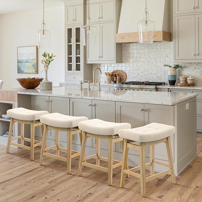 Counter Height Bar Stools Set of 6 for Kitchen Counter, Backless Farmhouse Kitchen Island Barstools with Upholstered Fabric Saddle Seat and Solid Wood Legs Modern 24 inch Bar Chairs, Khaki