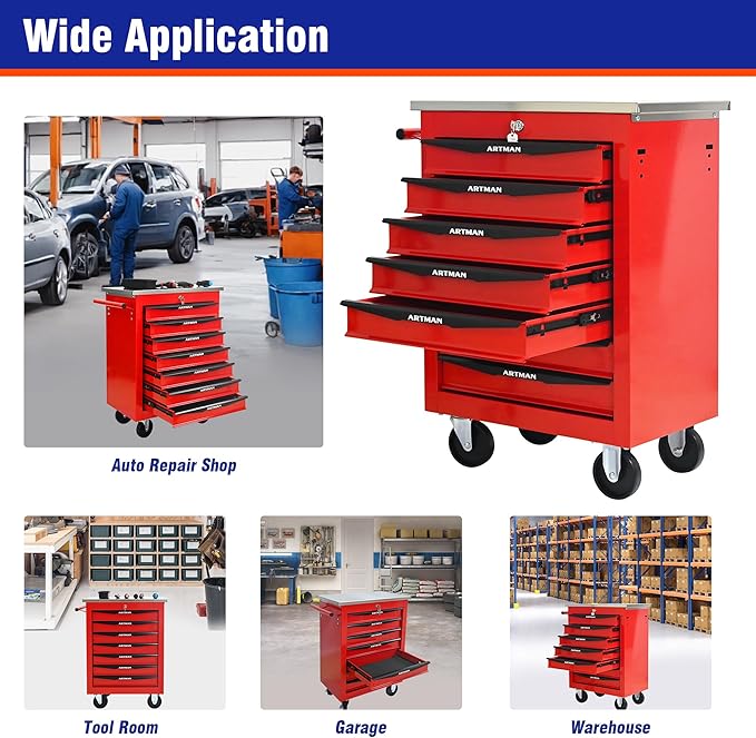 7 Drawers Tool Cart on Wheels with Stainless Steel Worktop, Heavy Duty Mobile Rolling Drawer Tool Chest with Locking Wheels & Lockable Drawers, Garage Tool Storage Cabinet (Red, 7 Drawers)