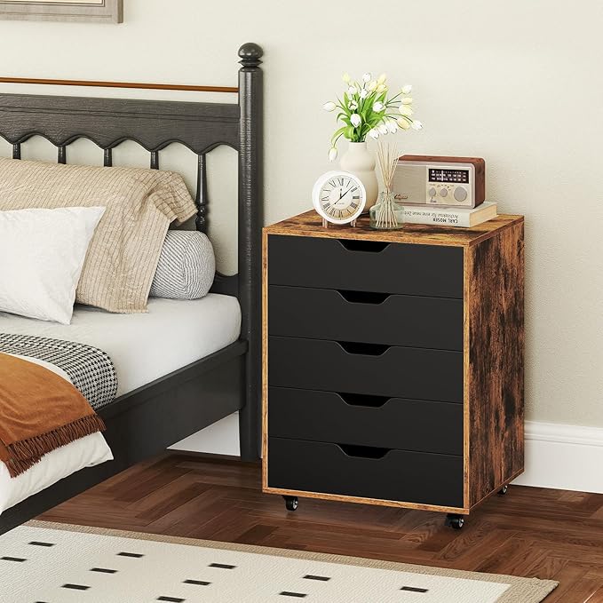 LOKO 5-Drawer Storage Cabinet, Versatile Drawer of Chest with Lockable Wheels, Mobile Office Lateral File Cabinet, for Home Office, Study (Rustic Brown + Black, 16" D x 19.5" W x 25.5" H)