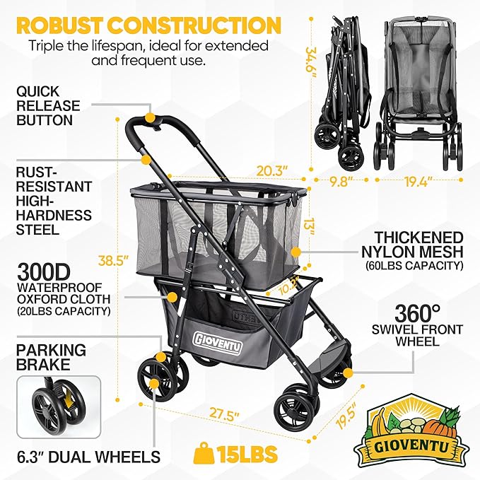 𝐈𝐦𝐩𝐫𝐨𝐯𝐞𝐝 𝐕𝐞𝐫𝐬𝐢𝐨𝐧 Folding Shopping Cart for Groceries, 80lbs Collapsible Grocery Cart with Removable Basket and Swivel Wheels, One-Hand Fold, Portable Personal Stroller Shopping Carts