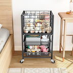 TOOLF 3-Tier Rolling File Cart, Metal Storage Drawer Cart with 2 Sliding File Trays, Adjustable Rod for Hanging Various File Sizes, File Organizer Cabinet on Wheels, for Office, Home, Classroom, Black