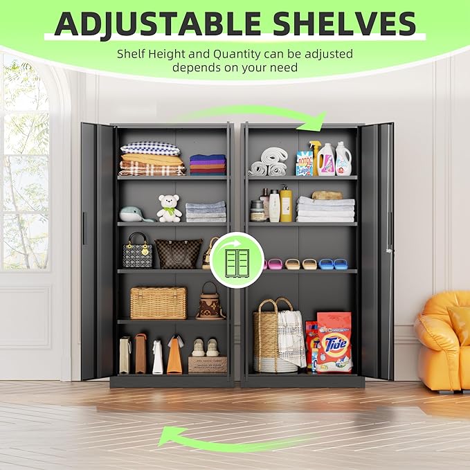 INTERGREAT Storage Cabinet with Doors and Shelves, Metal Garage Storage Cabinets with Lock, Black Lockable Steel Supply Cabinet for Home Office, Warehouse