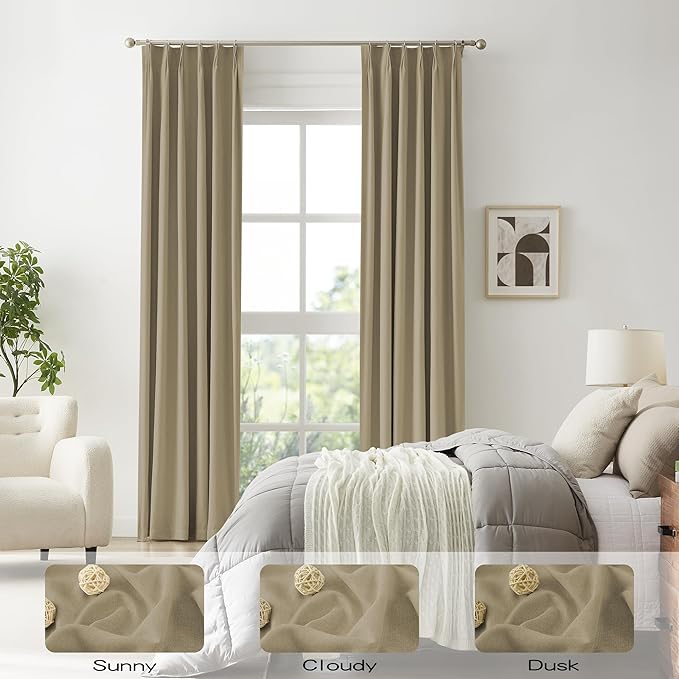DUALIFE Luxury Blackout Curtains for Bedroom 96 Inches Long Taupe, Pinch Pleated Linen Blend Farmhouse 100% Blackout Thermal Insulated Drapes with Hooks for Track System 2 Panels W40xL96