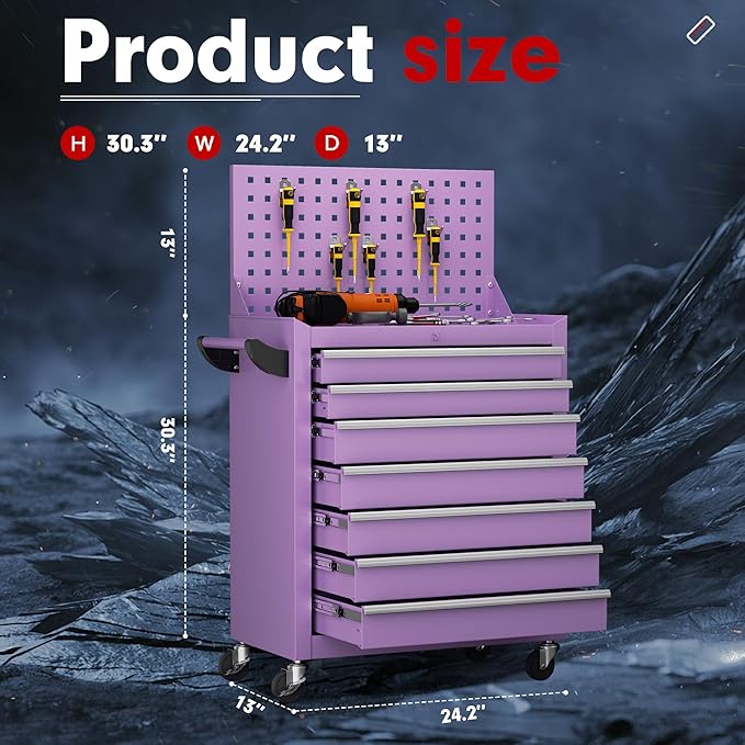 Superday Rolling Tool Chest, 7 Drawer Portable Tool Chest with Wheels, Tool Storage Cabinet with Lock for Garage, Steel Tool Cart with Pegboard & Hooks for Workshop, Warehouse (Purple)