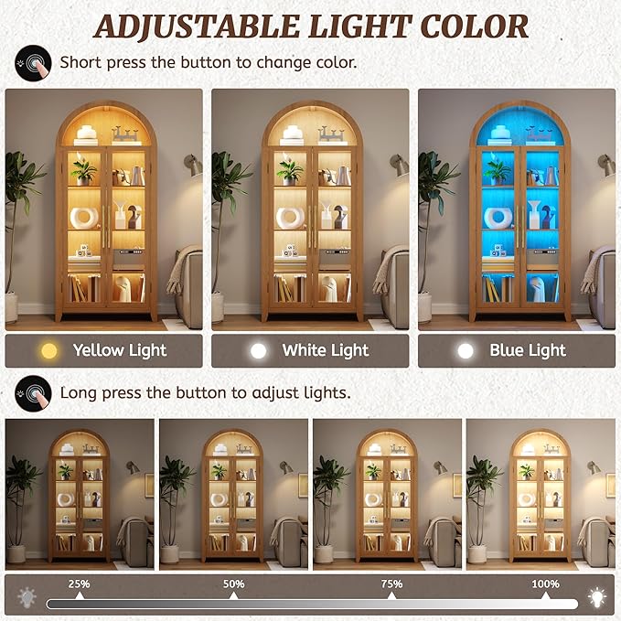Vlsrka 71" Arched Display Cabinet with Glass Doors, Curio Cabinet with LED Light & Human Sensor, 5-Tier Display Cases for Collectibles, Storage Cabinet with Ajustable Shelf for Living Room(Wood)
