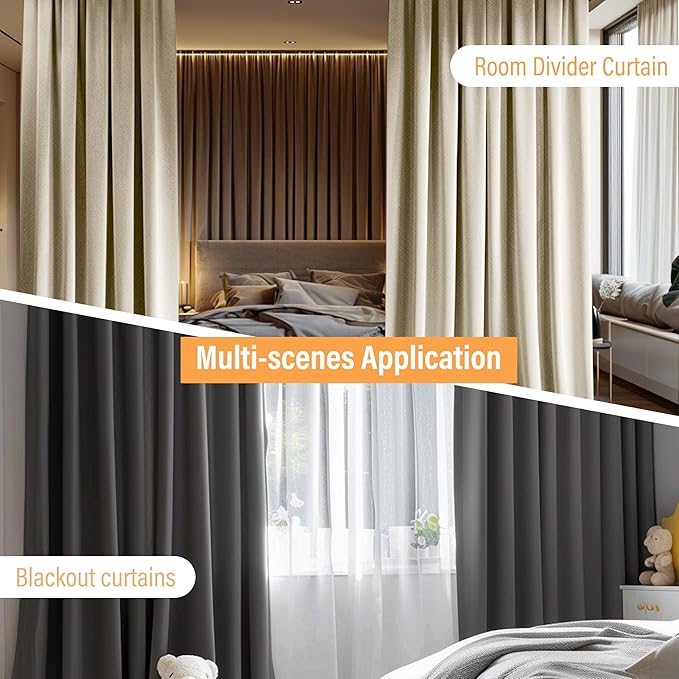 Room Divider Curtains with Flexible Ceiling Tracks Set,Blackout Curtain Ceiling Mount Curtain Track Privacy Room Dividers Ceiling Track Curtain Rod(Dark Grey Drape & Black rail W 10 × H 9 FT)