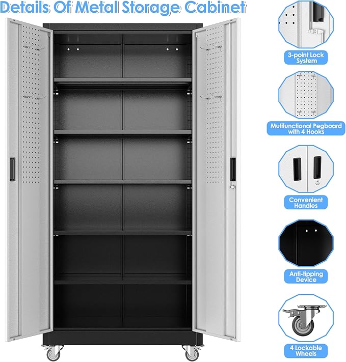Garage Storage Cabinet with Wheels & Pegboard, Lockable Metal Storage Cabinet with Doors and 5 Adjustable Shelves for Garage Workshop Home, Assembly Required, Black and Silvery, 71" H×34" W×18" D