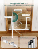 Babelio Metal Baby Gate, 29-43" Auto Close Easy Install Pet Gate PressGuard P7, Extra Wide Walk Thru Child Safety Gate, 30" Tall Pressure Mounted Dog Gate for Doorways & Stairs, White