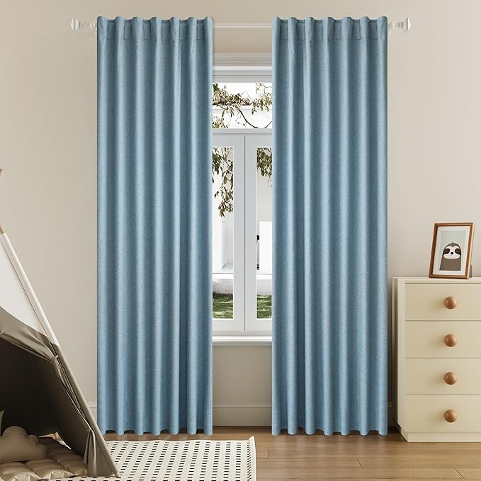 DUALIFE Full Blackout Slate Blue Curtains 63 Inch Long Linen Textured Curtains Thermal Insulated Heat Blocking Noise Reducing Vintage Drapes for Nursery Bedroom Rod Pocket&Back Tab 2 Panels 50W x 63L