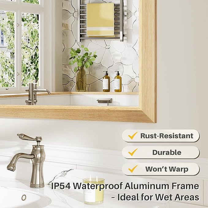 22x30 Inch Bathroom Mirror for Wall, Anti-Rust Oak Wood Grain Metal Framed Bathroom Mirrors for Over Sink,Rectangler Mirrors for Bathroom Vanity, Farmhouse, Bedroom, Living Room, Entryway Decor