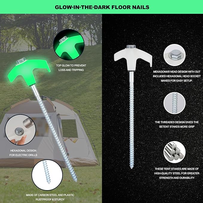12 Pack Screw in Tent Stakes Heavy Duty,8 ’’ Ground Anchors Screw in,Metal Stakes with Hex Head Driver and Sturdy Storage Box. (12, Luminous White)