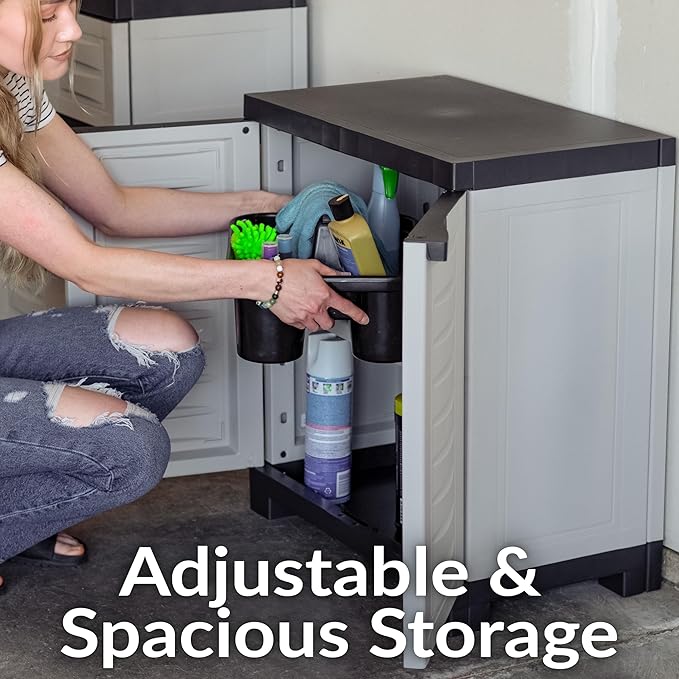 Sunnydaze Plastic Garage Storage Cabinet with Adjustable Shelf - 25.5" H - Garage, Office, Home, Laundry Room - Gray