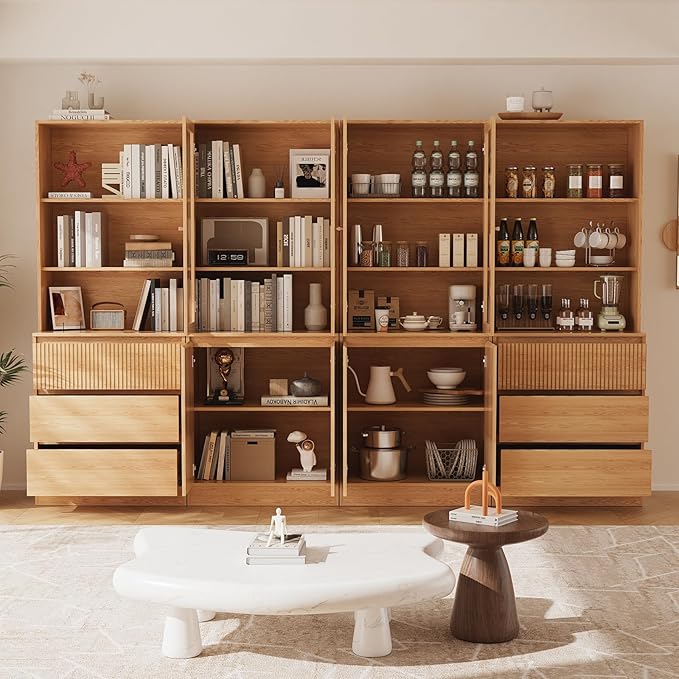 TUSY 71'' Freestanding Tall Storage Cabinet, 5 Tier Wood Bookcase with 3 Drawers and 2 Tempered Glass Doors (DBBD)