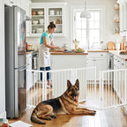 Vantas Folding No-Assembly Metal Pet Gate 80" Wide, 24" Extra Tall Dog Gate with Door Walk Through, Freestanding Accordion Puppy Gate Dog Door for Indoor & Outdoor, with 2PCS Support - White