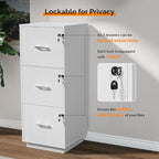 VINGLI 3 Drawer File Cabinet with Lock, Home Office Filing Organizer, for Letter Size File Folder Storage, Wood Tall Vertical Filing Cabinet, Printer Stand, Archivador (White)
