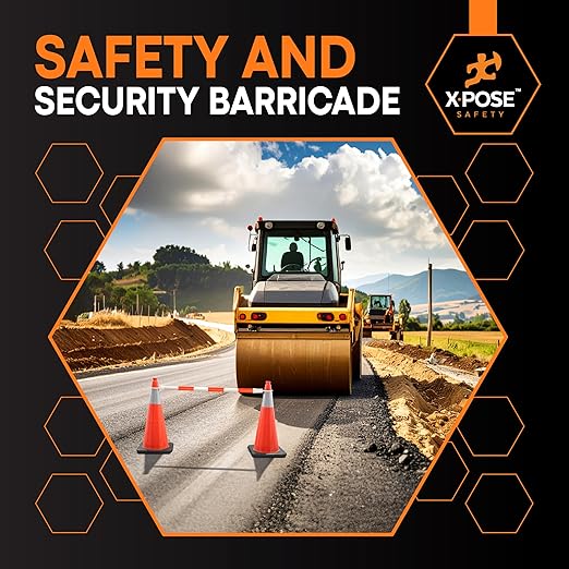 Retractable Barrier for Safety Traffic Cones - 2" OD - Large Yellow and Black Bar Barricade - for Road Construction, Parking, Warning, Temporary Security Divider (80, Orange & White, 53" x 84")