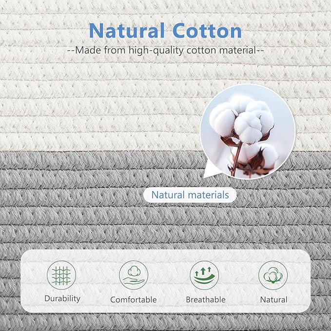 Cotton Rope Storage Baskets,15x10x9 in,Foldable Storage Bins, Decorative Woven Basket Cube Storage Organizer for Laundry, Towel, Clothes (White/Grey-2Pack, 15x10x9 inches)