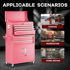 Bonusall 8 Drawer Rolling Tool Chest and Cabinet Combo,Heavy-Duty Metal Garage Tool Chest with Wheels and 2 Doors,2-in-1 Top Box and Roller Cabinet Combo for Garage, Workshop, Warehouse-Pink