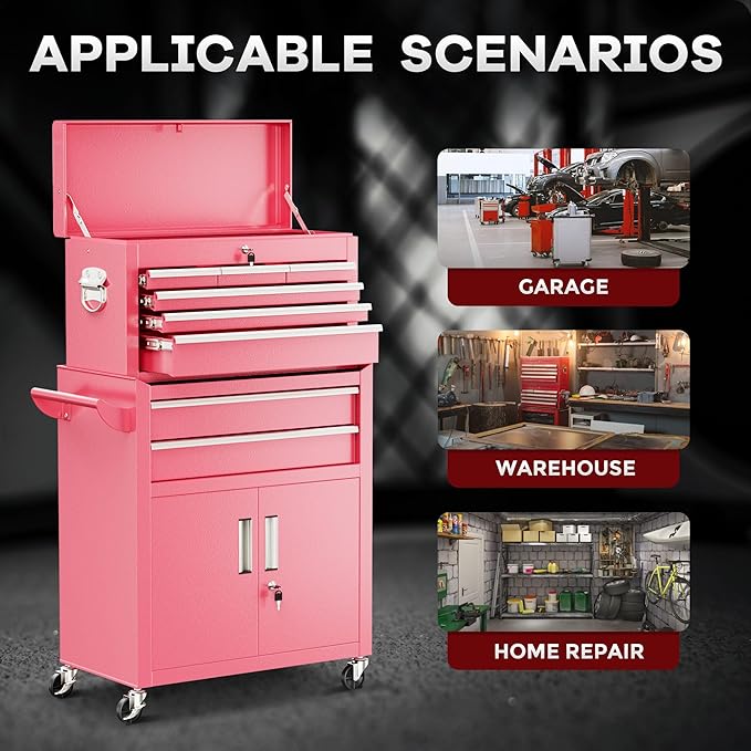 Bonusall 8 Drawer Rolling Tool Chest and Cabinet Combo,Heavy-Duty Metal Garage Tool Chest with Wheels and 2 Doors,2-in-1 Top Box and Roller Cabinet Combo for Garage, Workshop, Warehouse-Pink