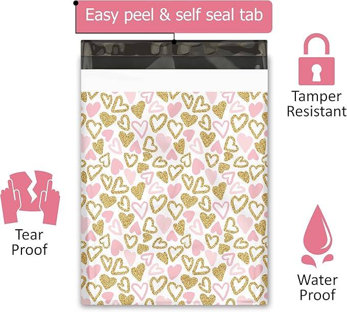 19x24 (25) Pink Hearts Designer Poly Mailers Waterproof Self Sealing Tear Resistant Polymailers Large Shipping Envelopes Premium Printed Bags For Small Businesses