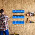 Ultrawall Wall Mounted Storage Bins, Plastic Hanging Storage Organizer Bins, Garage Tool Storage System for Screws, Nuts, Bolts, Nails, and Small Hardware Parts, 12x bins & 3 x rails, Blue
