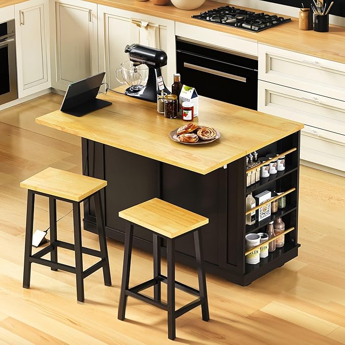 Rolling Kitchen Island with Drop Leaf & Power Outlet, Large Kitchen Islands Cart on Wheels, Movable Kitchen Island with 5 Open Storage Shelves & Towel Rack for Kitchen, Dining Room, 48-Inch, Black