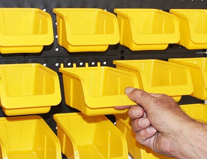 WALLPEG 36 Pack Pegboard Bin Kit – 18 Medium & 18 Large Yellow Peg Board Storage Bins | Parts Organizer for Garage, Workshop, Craft Room, Office & Workbench | Pegboard Accessory Organier | MADE IN USA