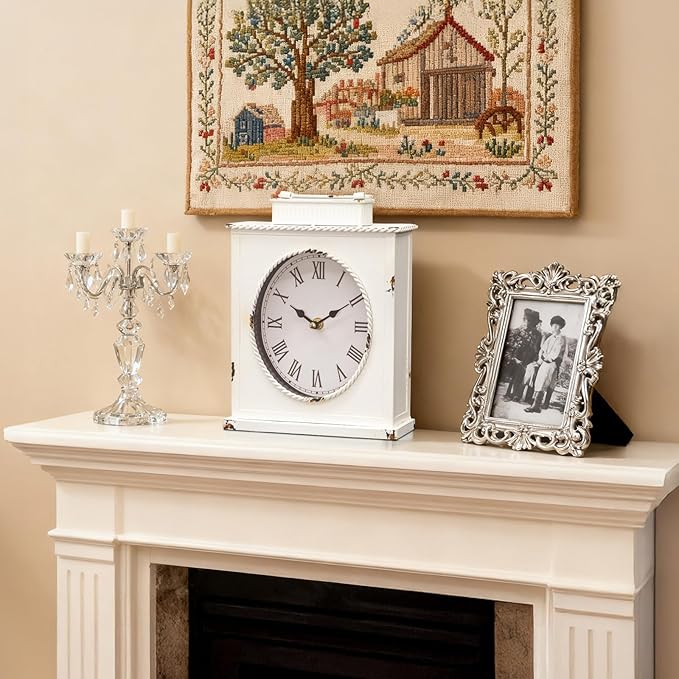 MODE HOME Vintage Mantel Clock with Distressed Finish, Antique Style Battery Operated Metal Decorative Table & Mantel Clock for Living Room Fireplace, Large Decorative Desk & Shelf Clocks for Home