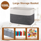 XXXL Supre Large Blanket Basket for Clothes, Towels, Pillows, 108L Cotton Rope Storage Basket for Living Room, Supre Large Woven Toy Storage for Kids, 25" x 16" x 16", Dark Grey and White