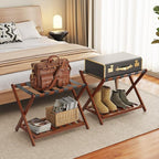 2 Pack Bamboo Luggage Rack for Guest Room, 26.77" Folding Wide Suitcase Stand with Storage Shelf, Thickened Luggage Stand Holder for Bedroom Hotel, Luggage Rack for Suitcases (Brown)
