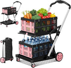 Collapsible Shopping Cart with Wheels, 8-in-1 200LBS Capacity Grocery Cart on Wheels with 2 Storage Crate, Folding Utility Cart for Shopping, Travel, Supermarket, Office, Pink