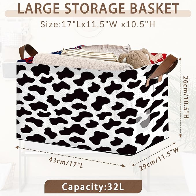 Cow Pattern Storage Basket Large 17x11.5x10.5 Inche-Collapsible Fabric Organizer Bin with Handles for Nursery, Farmhouse Decor, Toys-Foldable Decorative Hamper with Animal Print Design-Single Pack