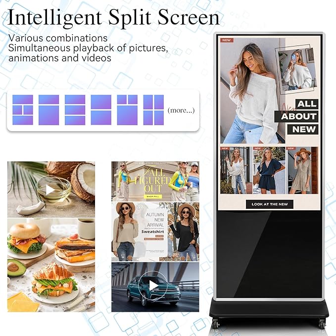 55" 4K LCD Touchscreen Digital Signage Display, Indoor Floor Standing Advertising Player, Commercial Digital Signage Kiosk with Auto AD Player, HDMI WiFi Bluetooth Input, Android 12.0 Black