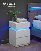 VASAGLE Nightstand with LED Lights, Adjustable Light Colors, Bedside Table, Side Table with 3 Drawers, Modern Style, 13.8 x 15.7 x 21.7 Inches, Cloud White LET630T12